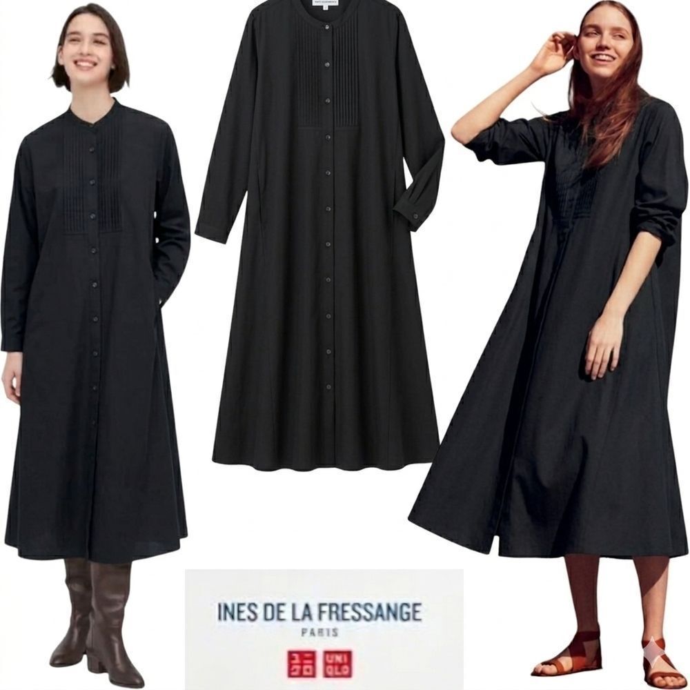 Ines De La Fressange X  Uniqlo Black twill Cotton Collarless Pintuck Dress